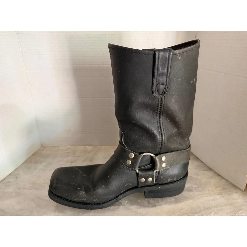Double H Biker Boots Men Black Leather Square Toe Distressed Motorcycle 10.5